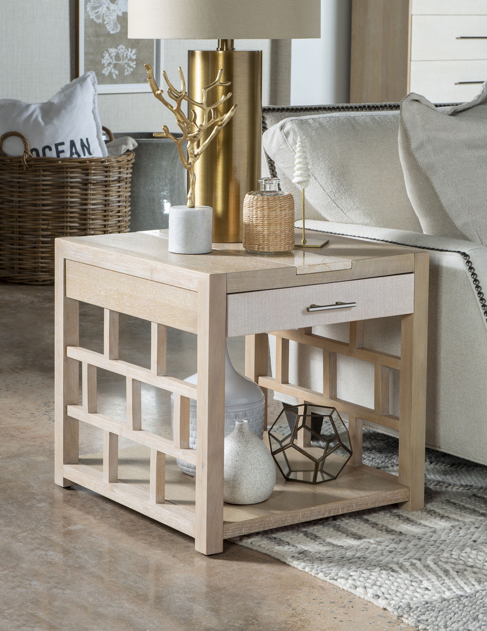 Biscayne - Square End Table With Travertine Insert - Beige