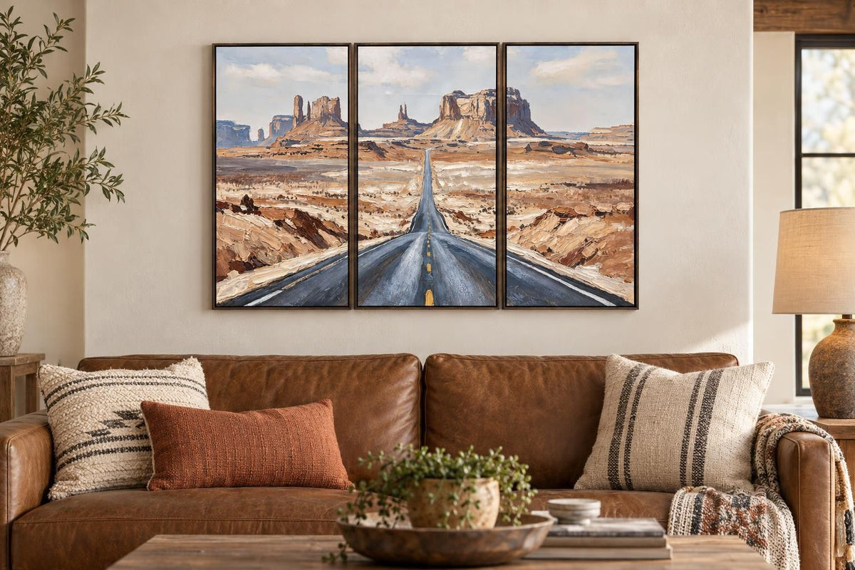 Beyond The Mesas - 20 X 39 - Hand-Embellished Canvas Triptych In Frame - Tan, Rust, Cream, Blue-Gray