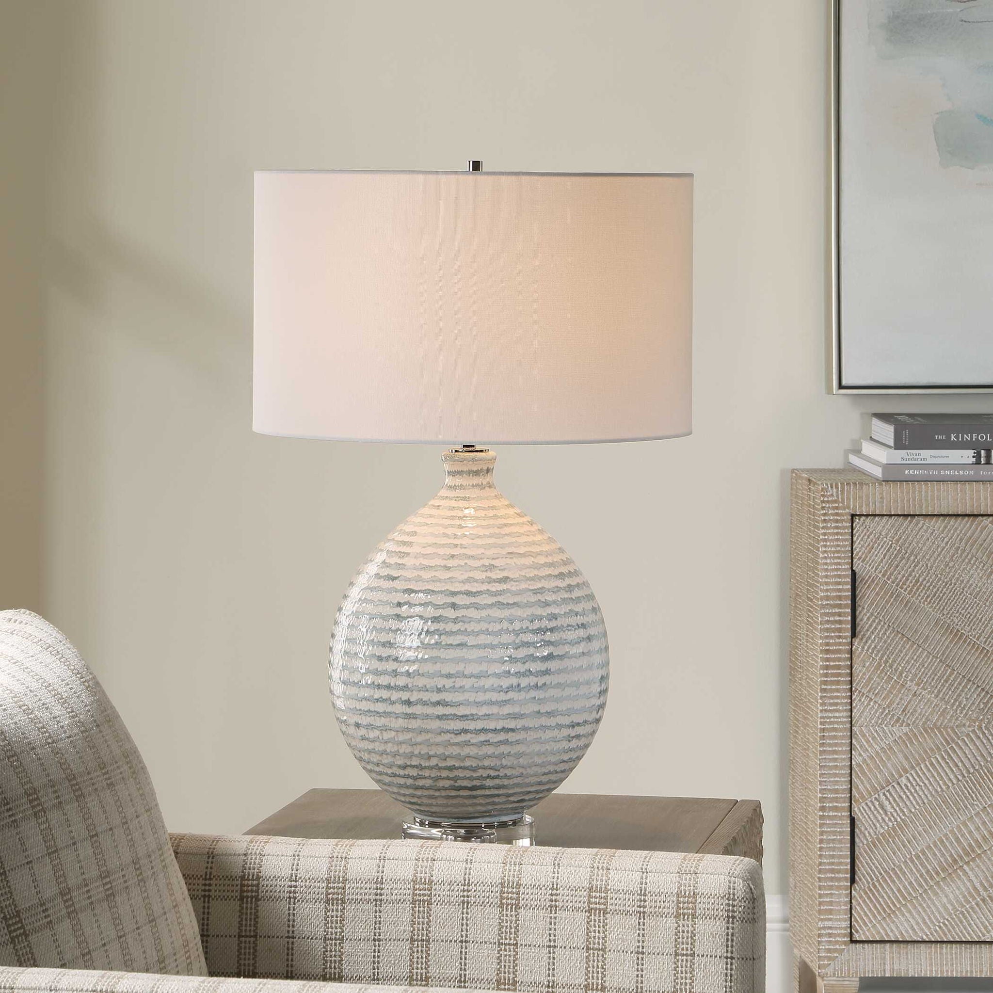 Clary - Horizontally Striped Table Lamp - Gray / White