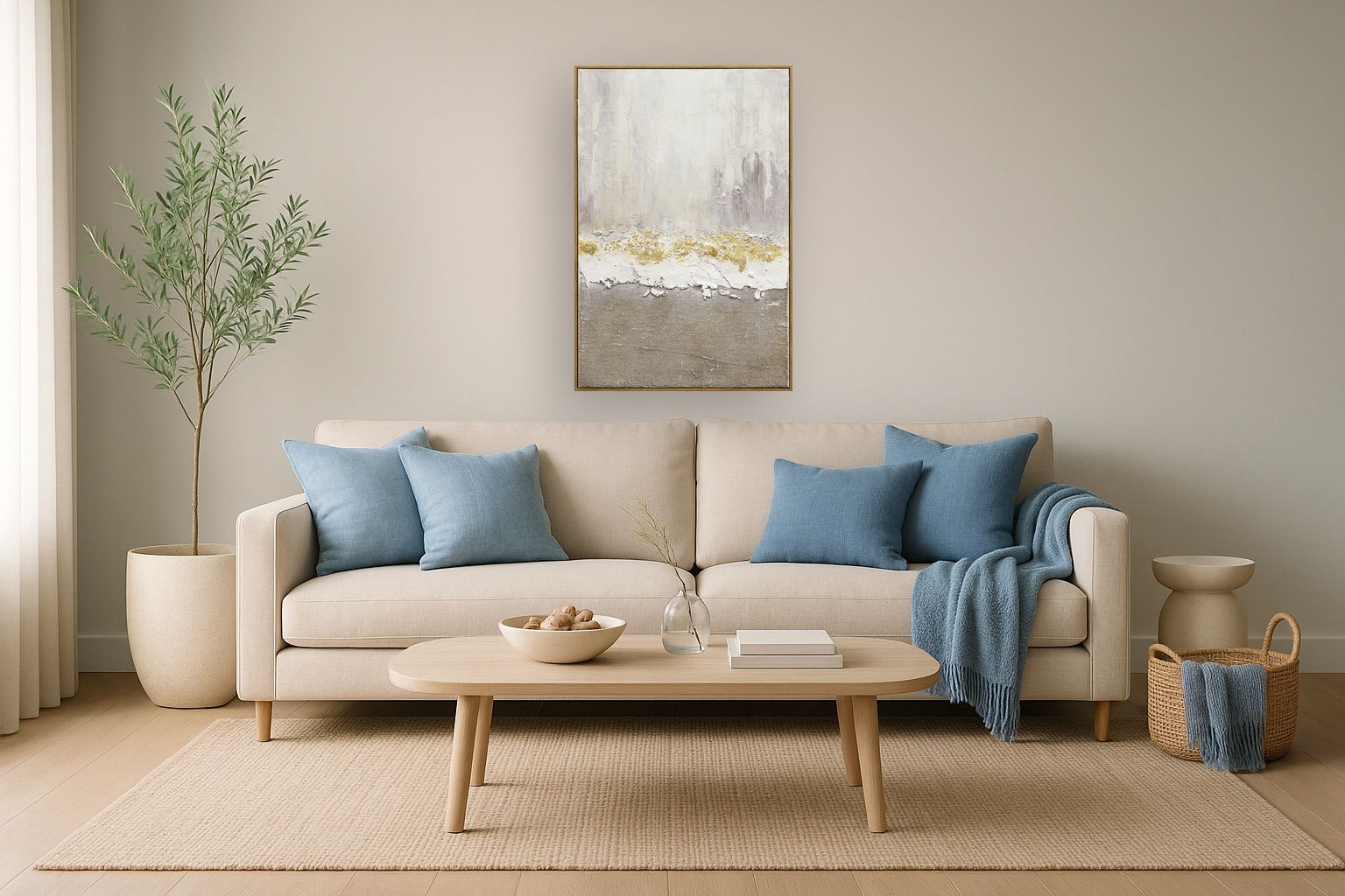 Gilded Strata Hand-Painted Canvas In Frame - Ivory / Taupe