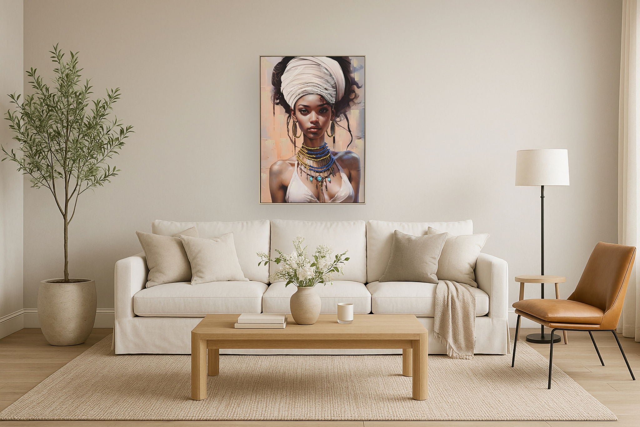 Hand Painted Framed Textured Canvas - Dazzled Woman - Beige