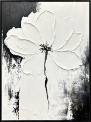 "Monochrome Blossom" Hand-Painted Canvas In Frame - White / Gray