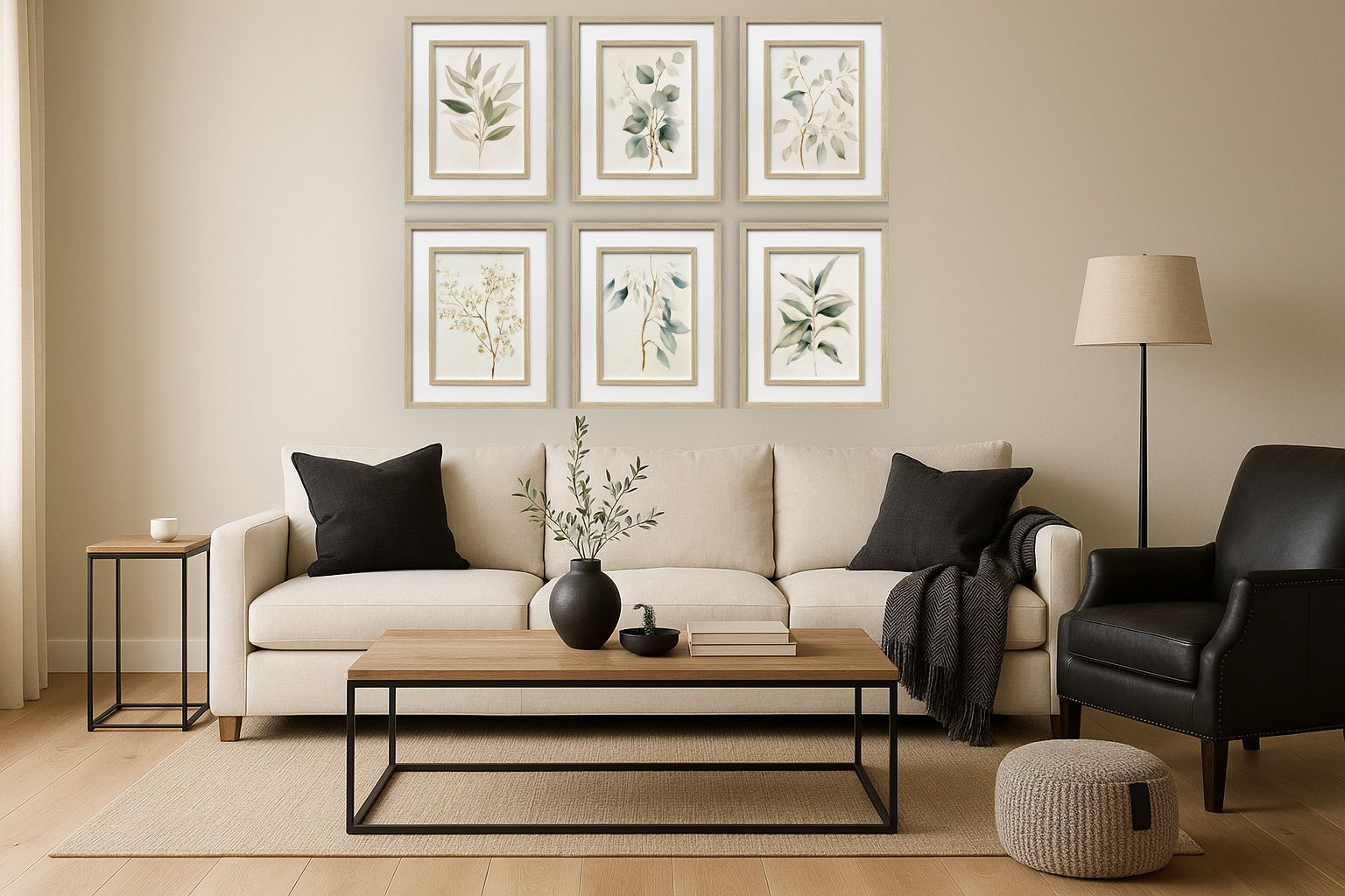 Quiet Botanical Print on Paper In Double Frame (Set of 6) - Beige / Green
