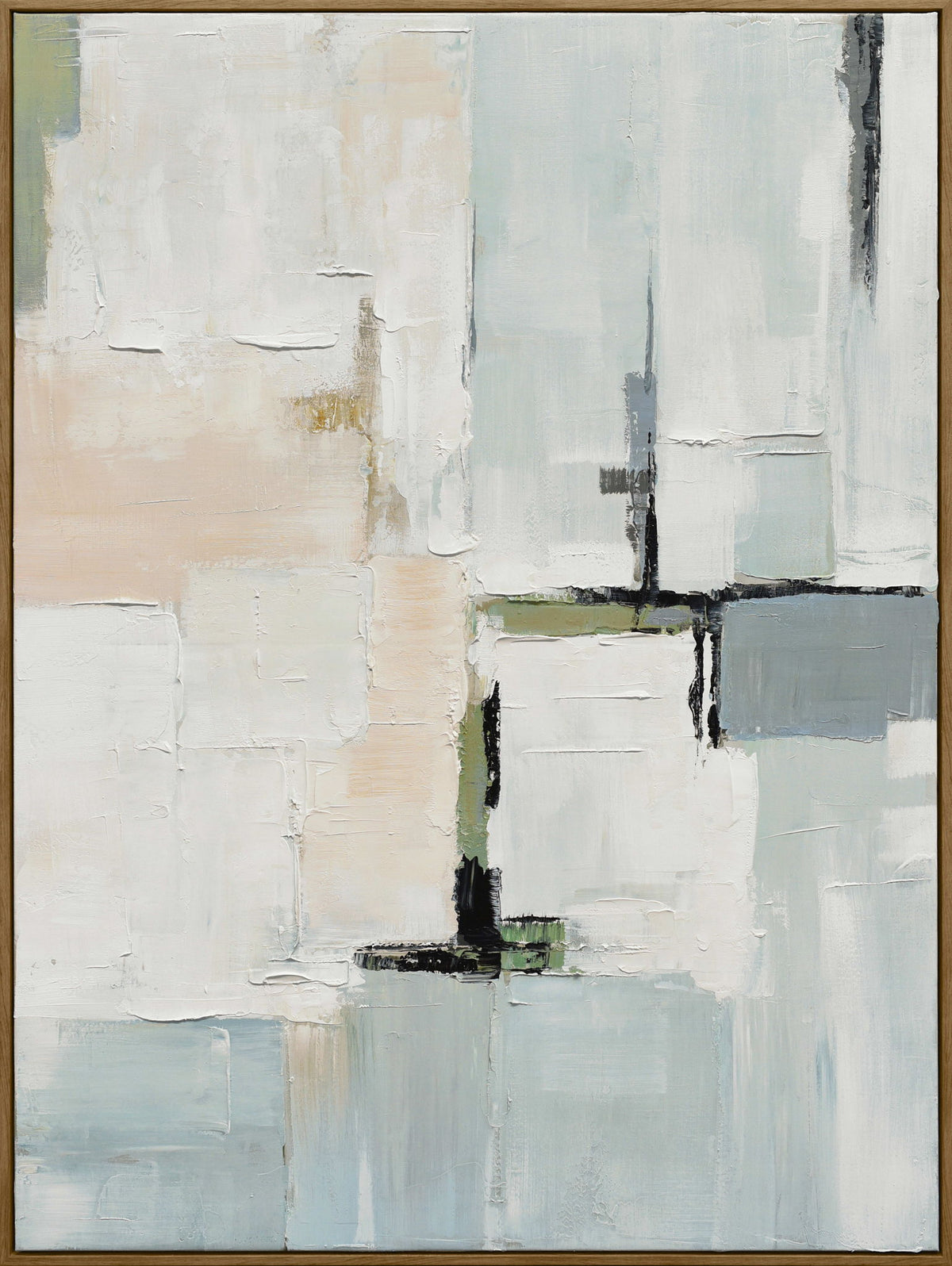 Quiet Intervals II - 35 X 47 - Hand-Painted Canvas In Frame - Ivory, Pale Blue, Beige, Gray, Black, Muted Green