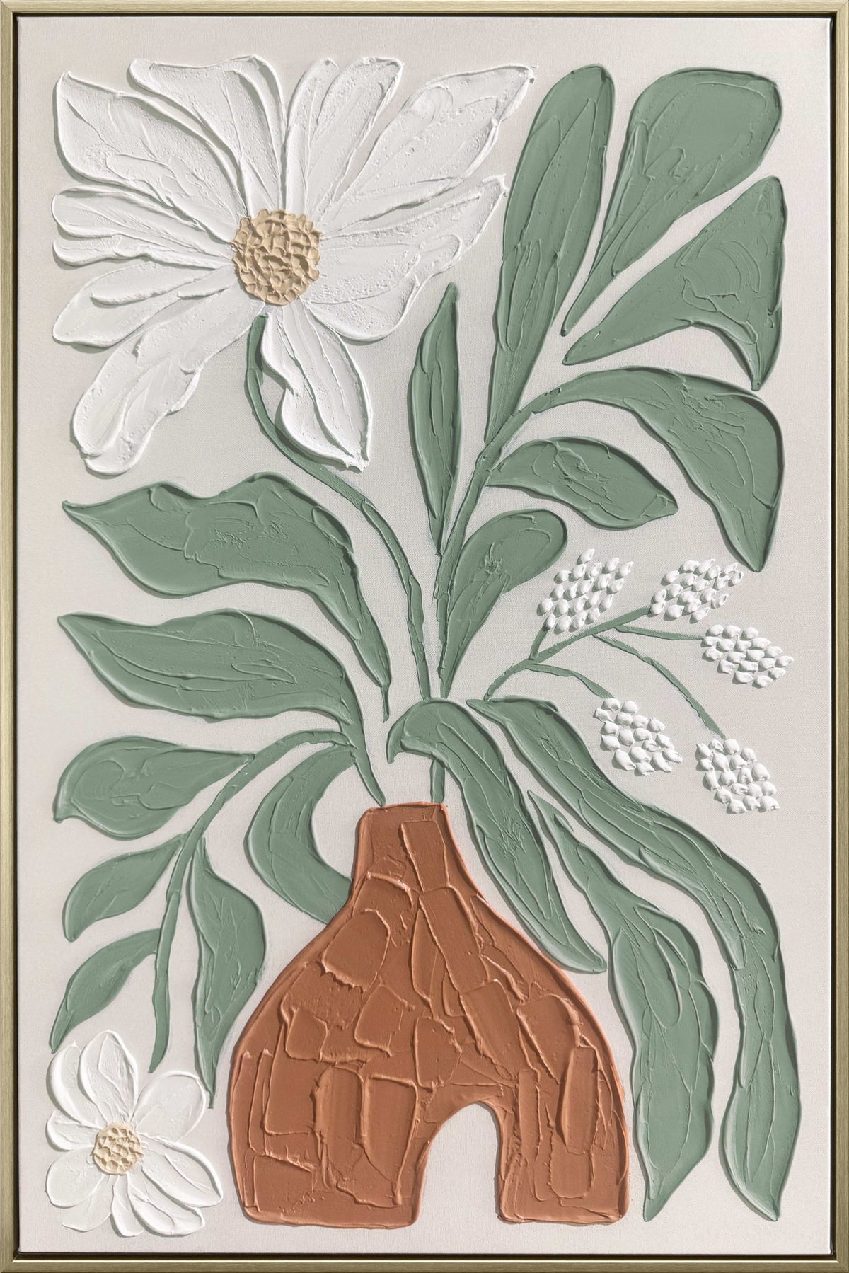 Clay Vessel Blooms I - 24 X 35 - Hand-Painted Canvas In Frame - Textured, White, Sage Green, Terracotta Brown, Beige, Champagne Frame