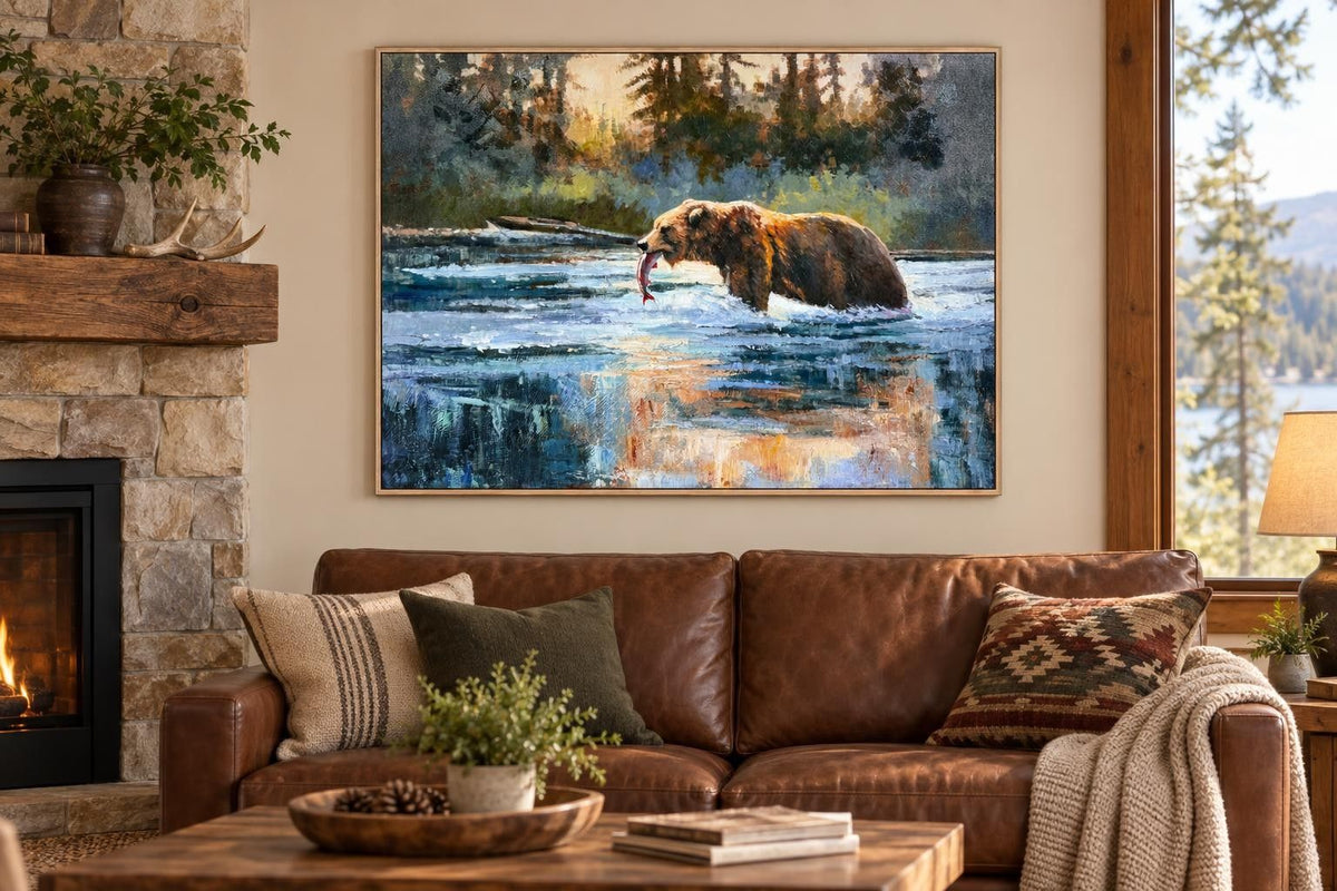 Catch At First Light - 48 X 36 - Hand-Embellished Canvas In Frame - Blue