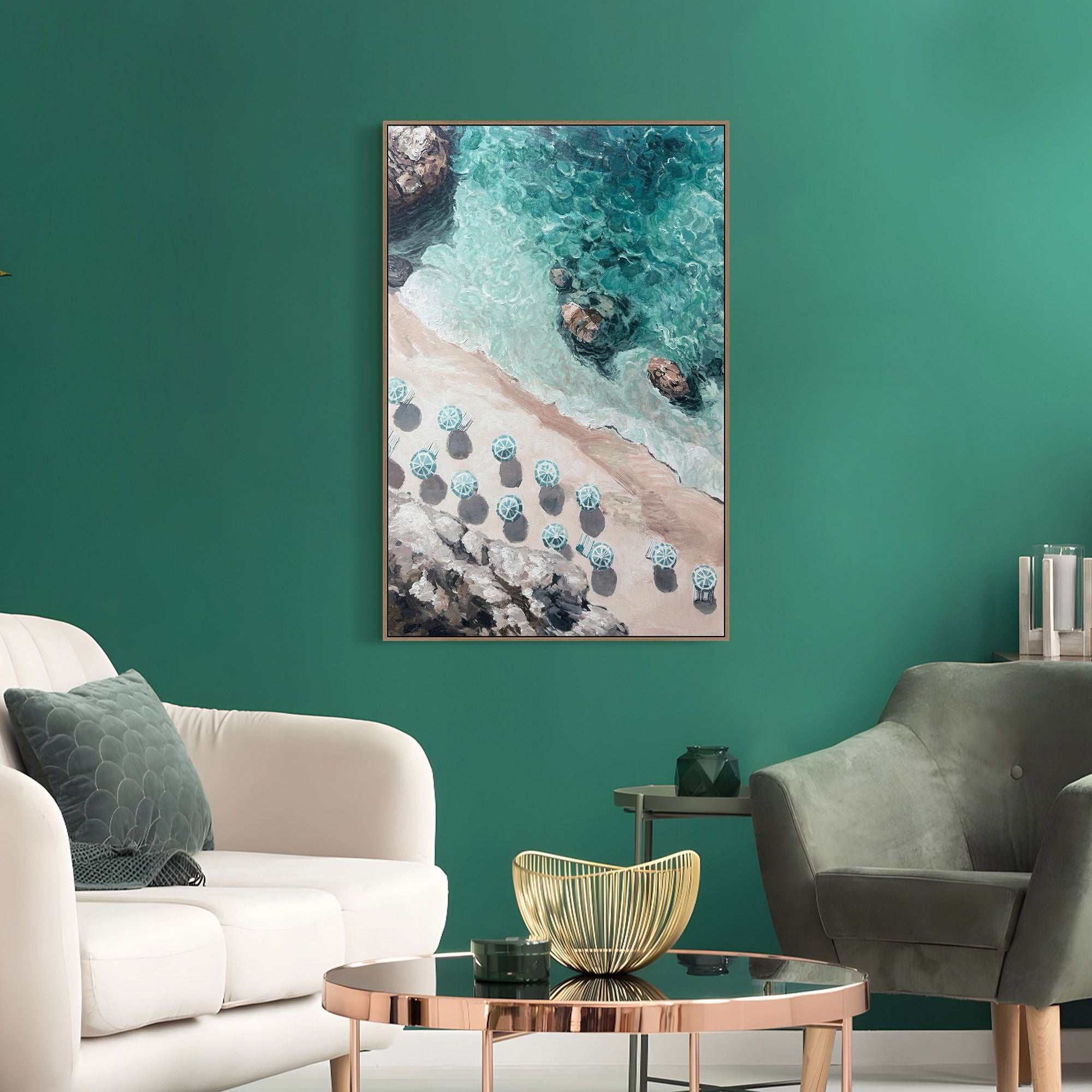 Cove Reverie I Hand-Embellished Canvas In Frame - Natural / Teal