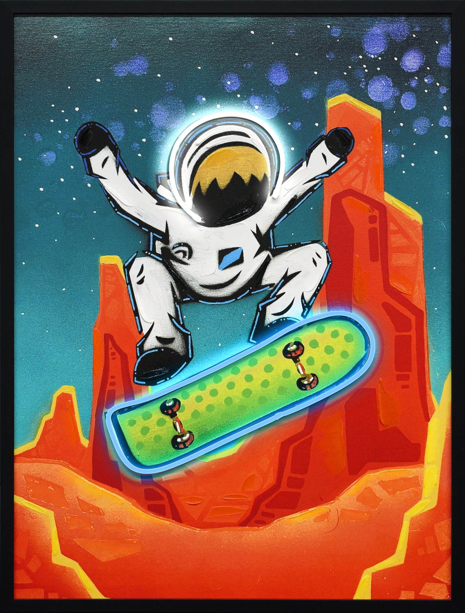 Kuiper Belt Kick-Flip By Joy Hernandez Hand-Embellished LED Canvas In Frame - Red / Teal