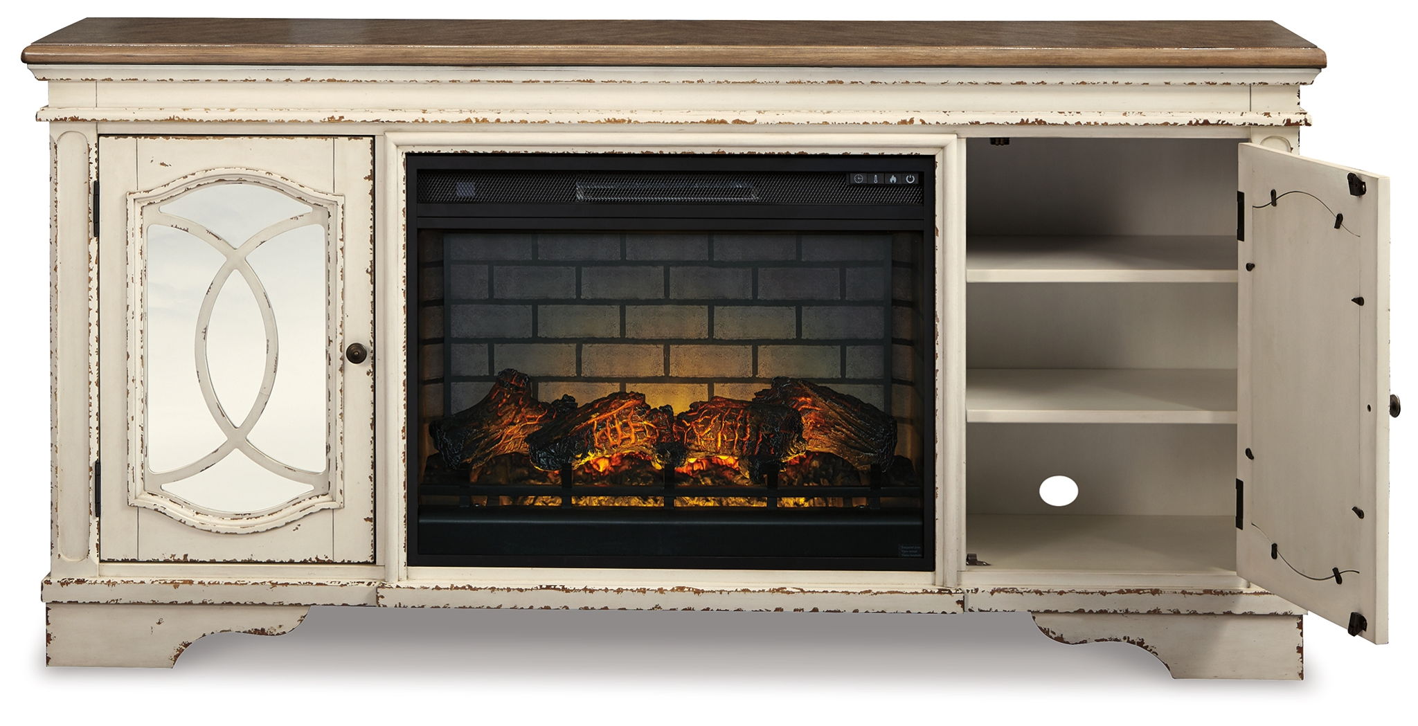 Realyn - 2 Pc. - 74" TV Stand with Electric Infrared Fireplace Insert - Chipped White