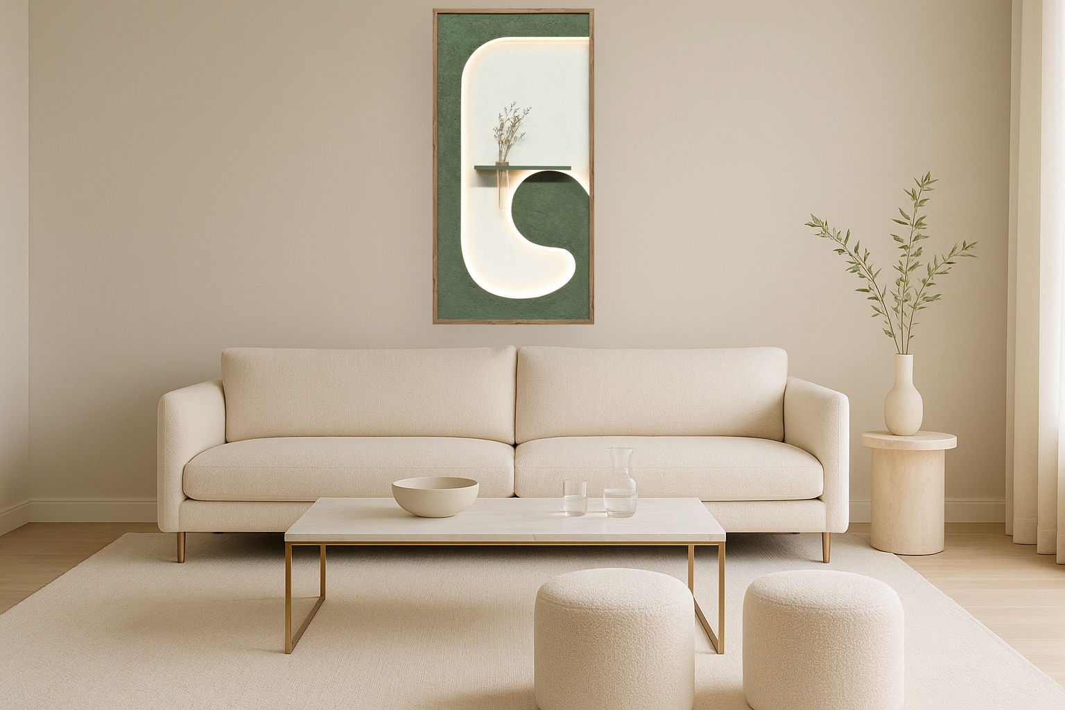 Verdant Niche I Hand-Painted LED Art In Frame - Sage / Ivory