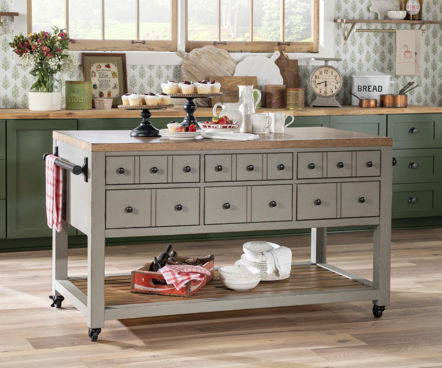 Vintage Market - Kitchen Island 6 Drawer With Casters
