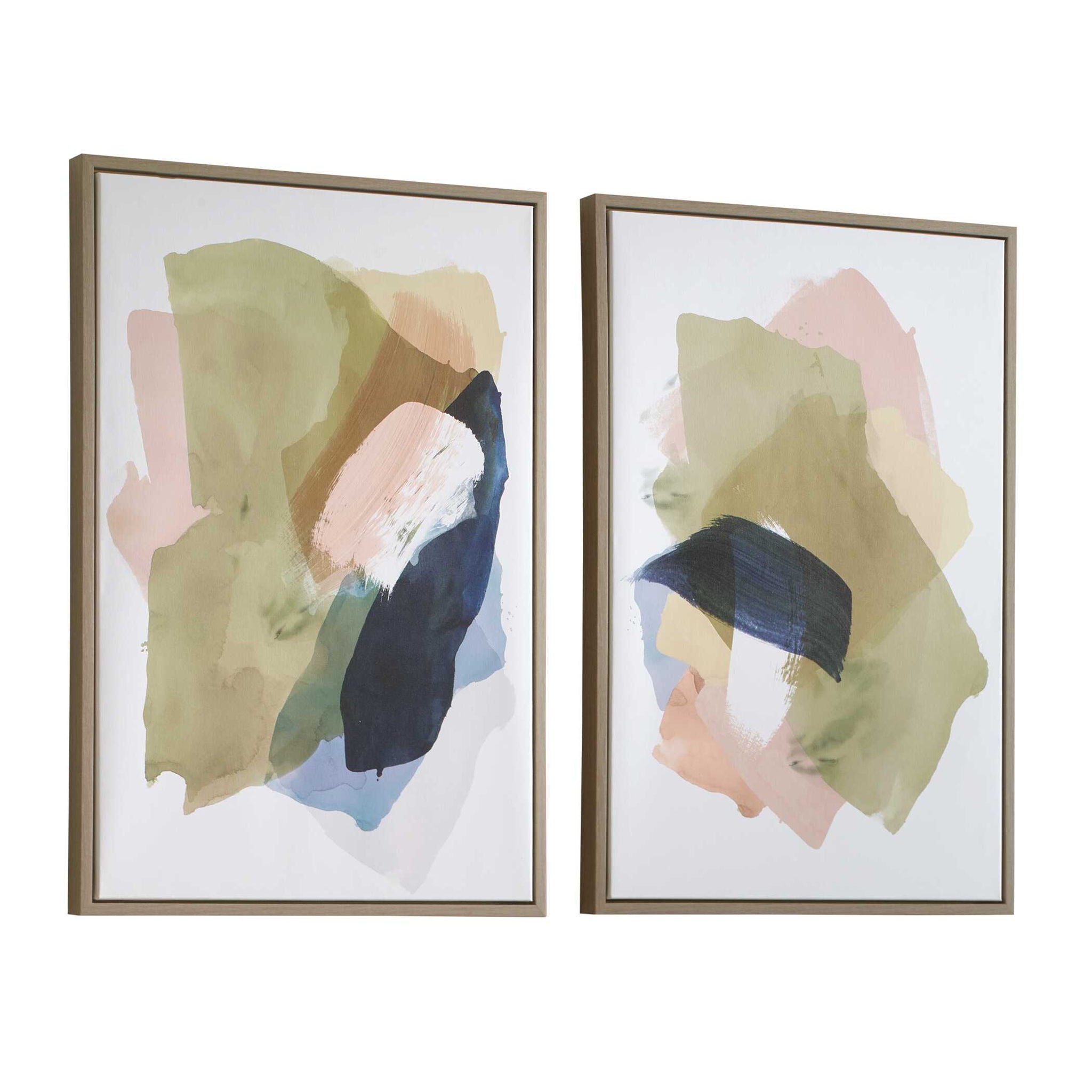 Abstract Afternoon - Framed Canvases (Set of 2) - Blue / Green / Pink / White / Woodtone / Yellow