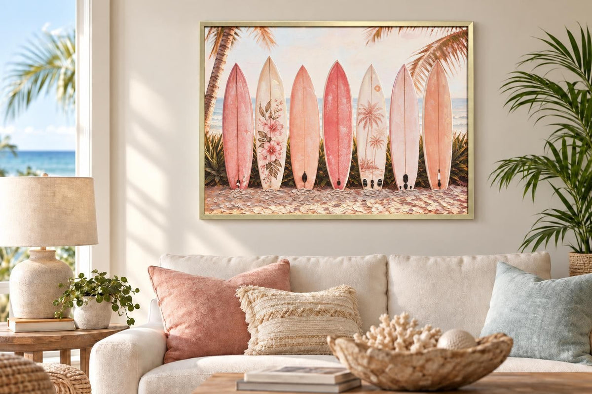 Coral Surf Club - 40 X 30 - Hand-Embellished Canvas In Frame - Pink