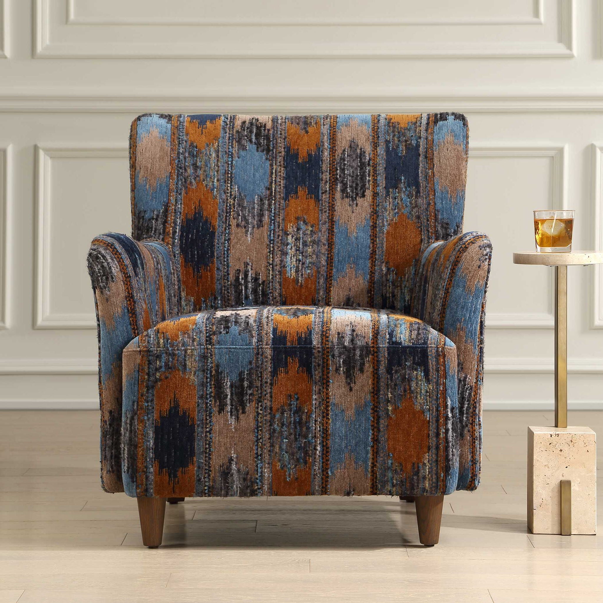 Lainey - Upholstered Ikat Armchair - Blue / Brown / Orange
