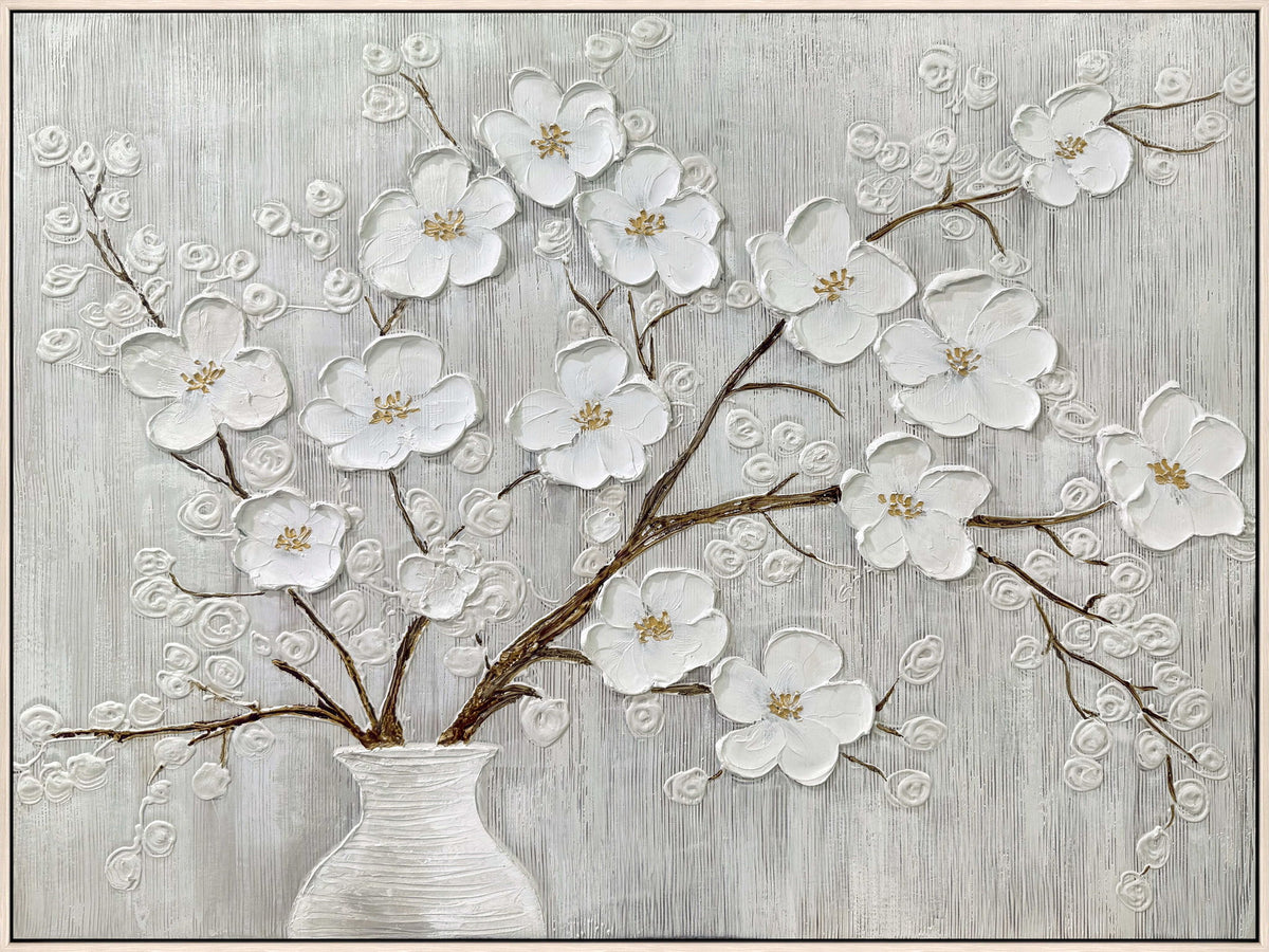 Porcelain Boughs - 48 X 36 - Hand-Painted Canvas In Frame - White