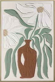 Clay Vessel Blooms II - 24 X 35 - Hand-Painted Canvas In Frame - Textured, White, Sage Green, Terracotta Brown, Beige, Champagne Frame