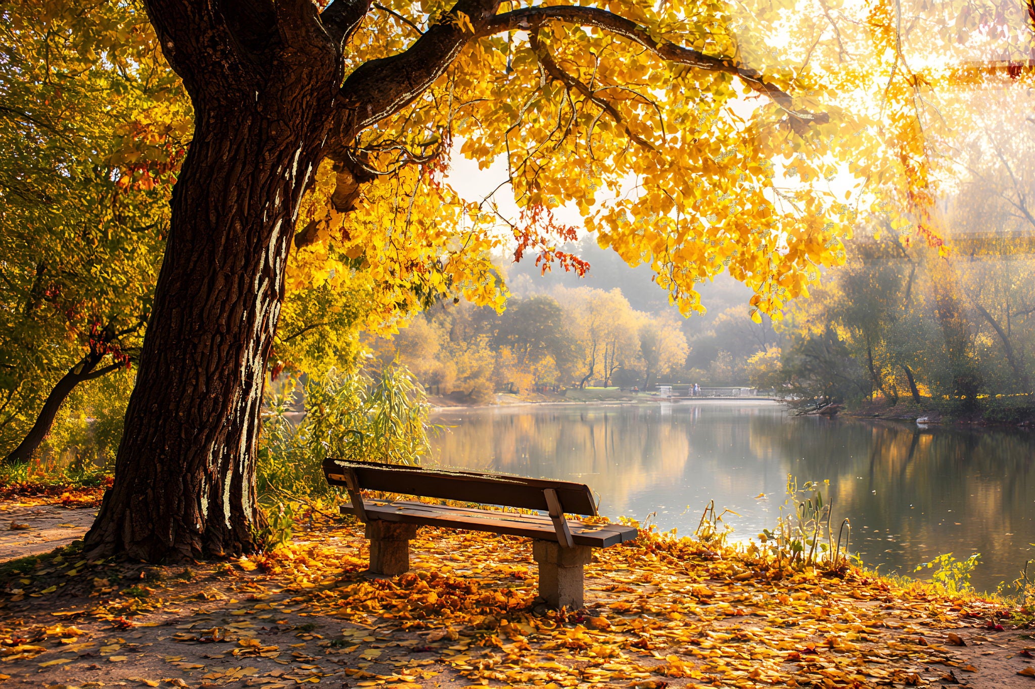Autumn Lakeside Tempered Glass With Foil - Gold / Brown