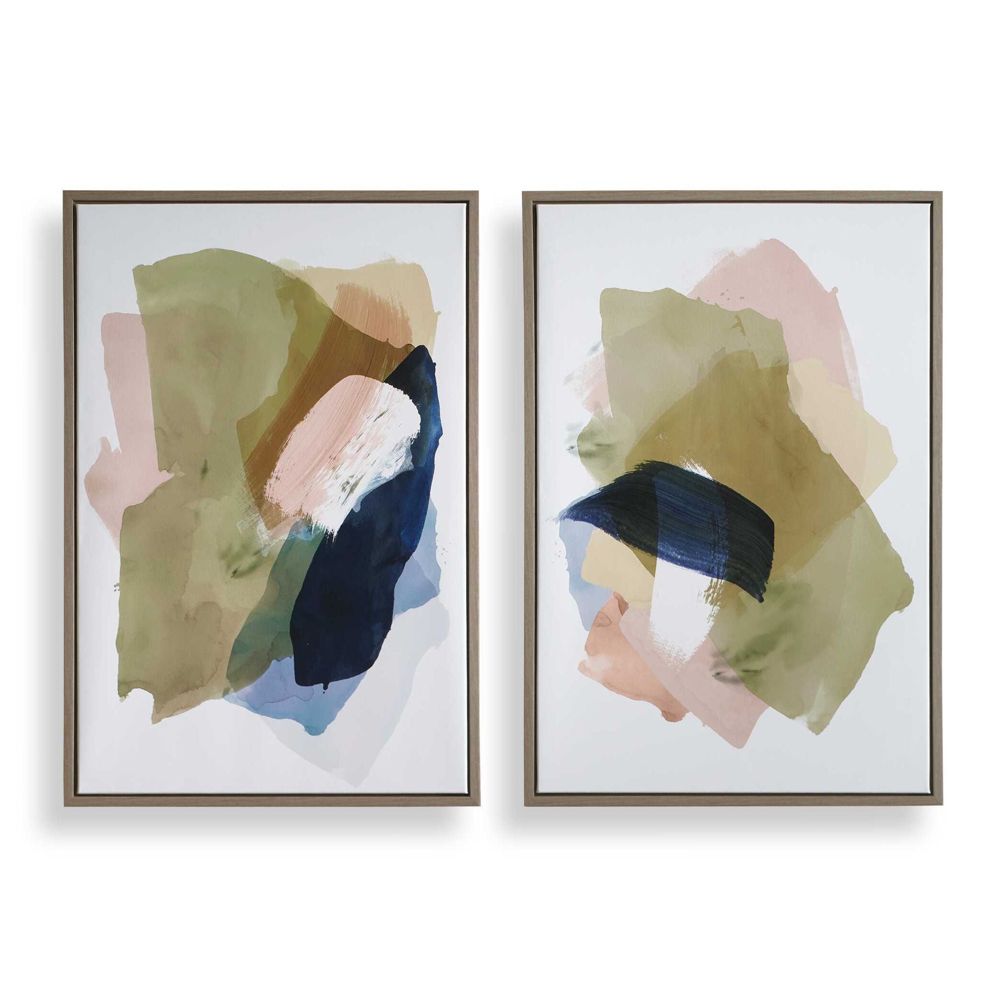 Abstract Afternoon - Framed Canvases (Set of 2) - Blue / Green / Pink / White / Woodtone / Yellow