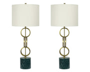 "Marble Harmony" Metal Table Lamp On Marble Base (Set of 2) - Green Marble / Matte Golden Bronze