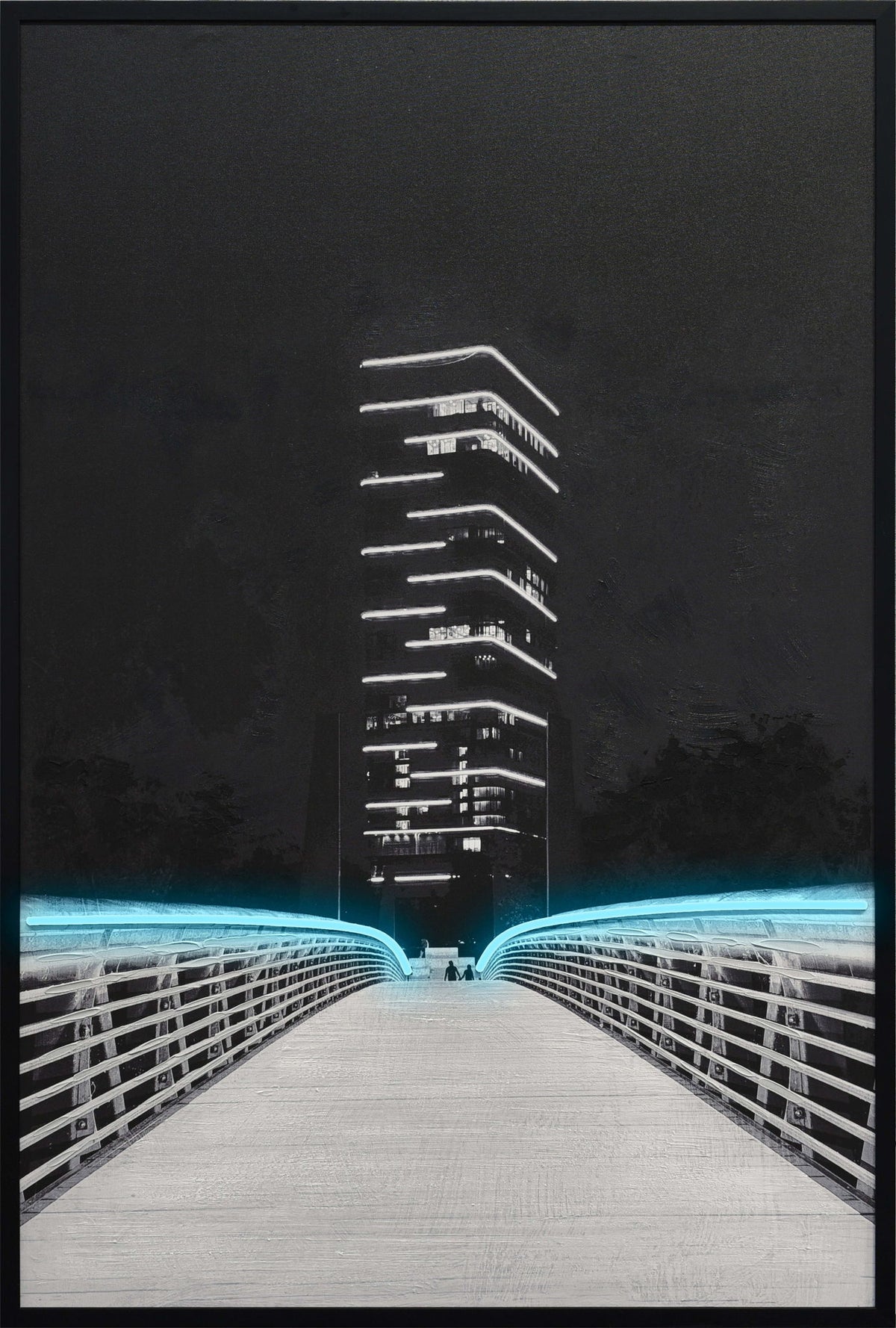 Electric Promenade - 32 X 48 - Hand-Embellished Color Changing Neon Canva - Black