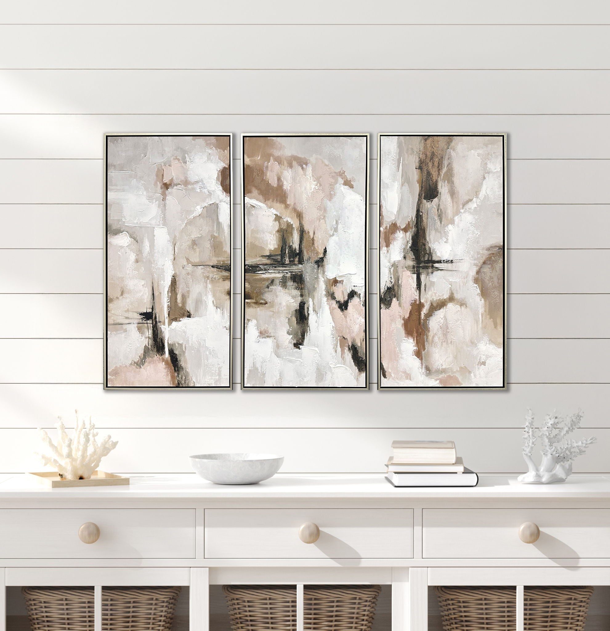 "Ethereal Reflections" Hand-Embellished Canvas Triptych In Frame - Neutral