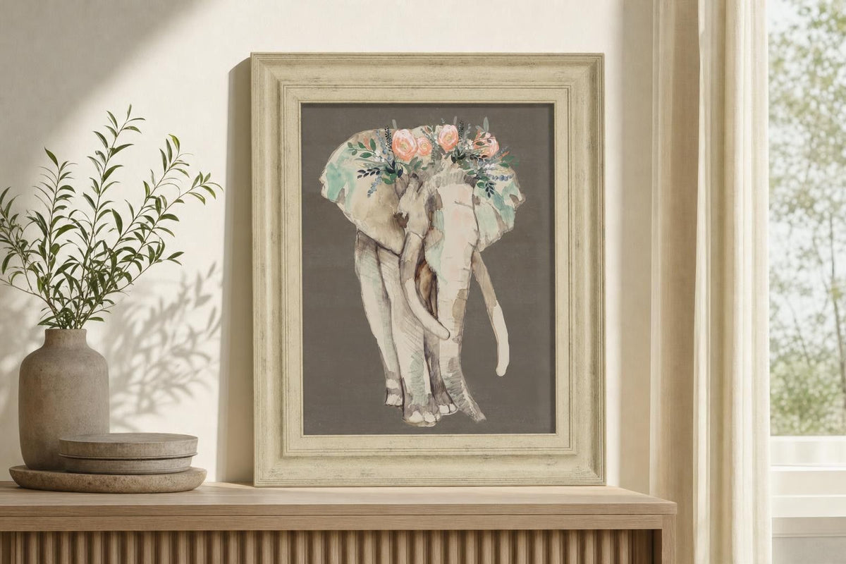 22x26 Flower Crown Elephant I By Jennifer Goldberger - Beige