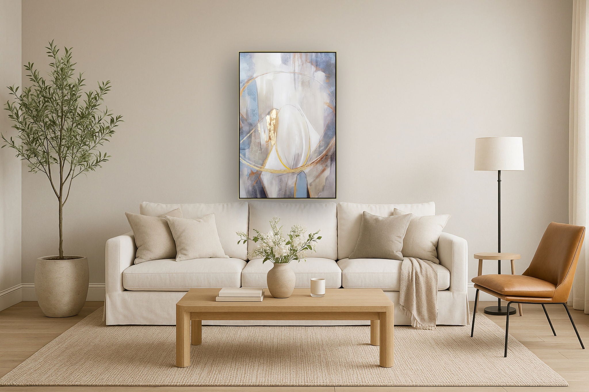 Hand Painted Textured Canvas With Foil In Frame Focused Abstract - Beige