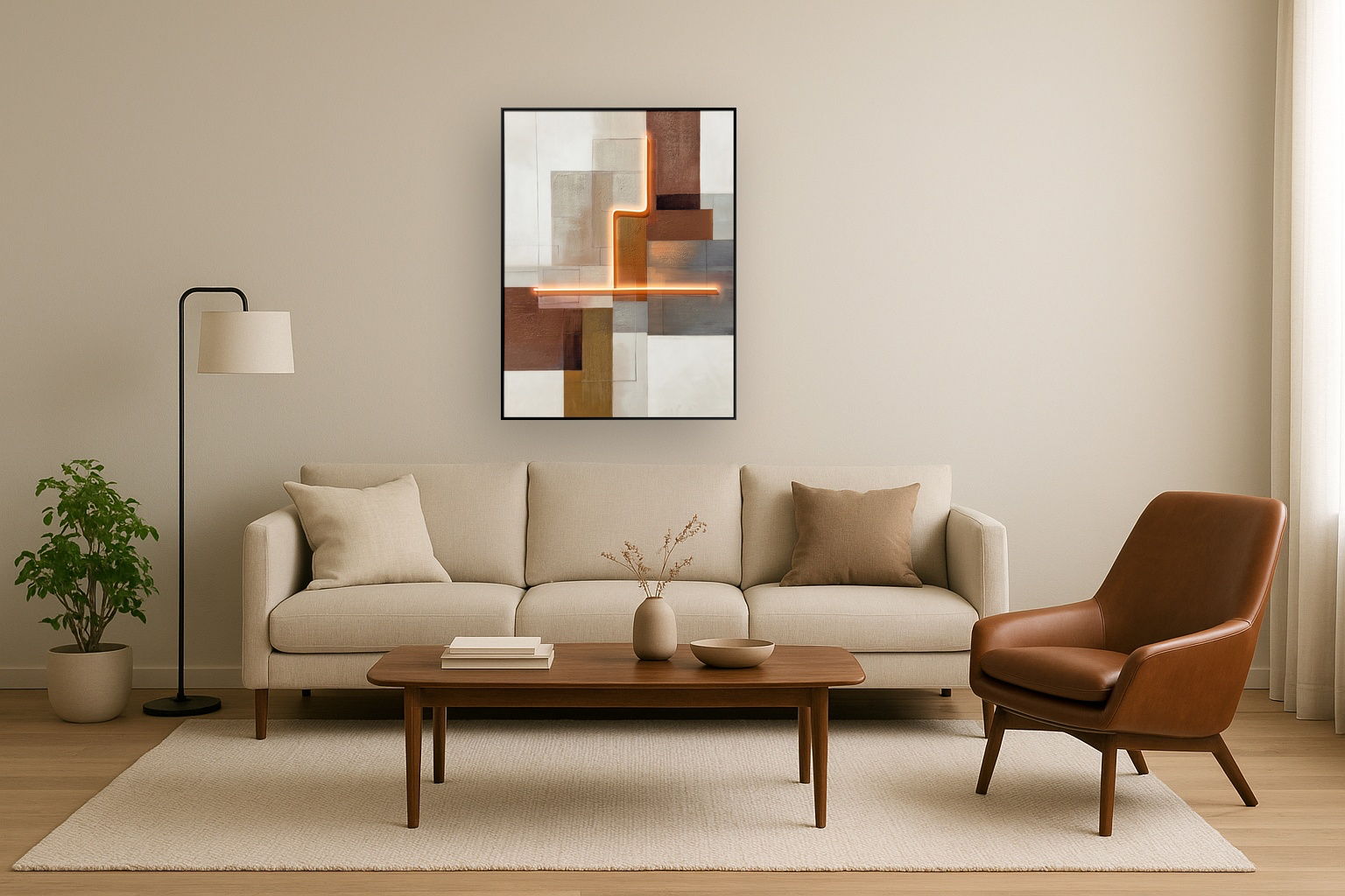 Luminous Grid III Hand-Embellished LED Canvas In Frame - Brown / Orange Glow