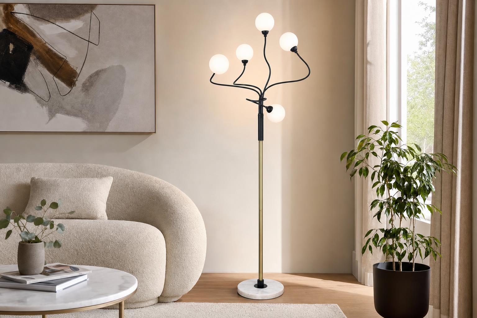 "Celestial Branch" Metal Floor Lamp - Matte Black / White Frosted Glass / White Marble / Soft Gold