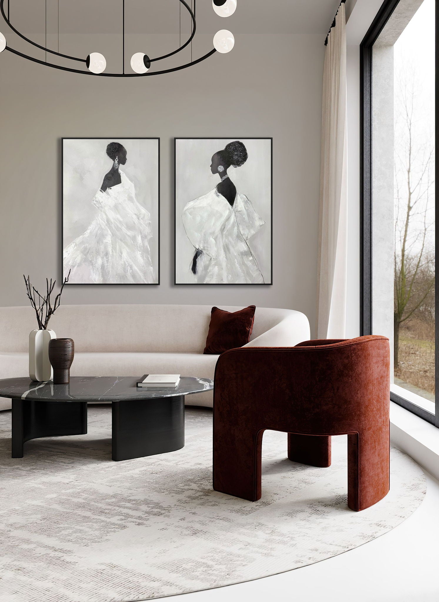 "Elegant Silhouette I" Hand-Painted With Rocks In Frame - Gray / Black / Rock