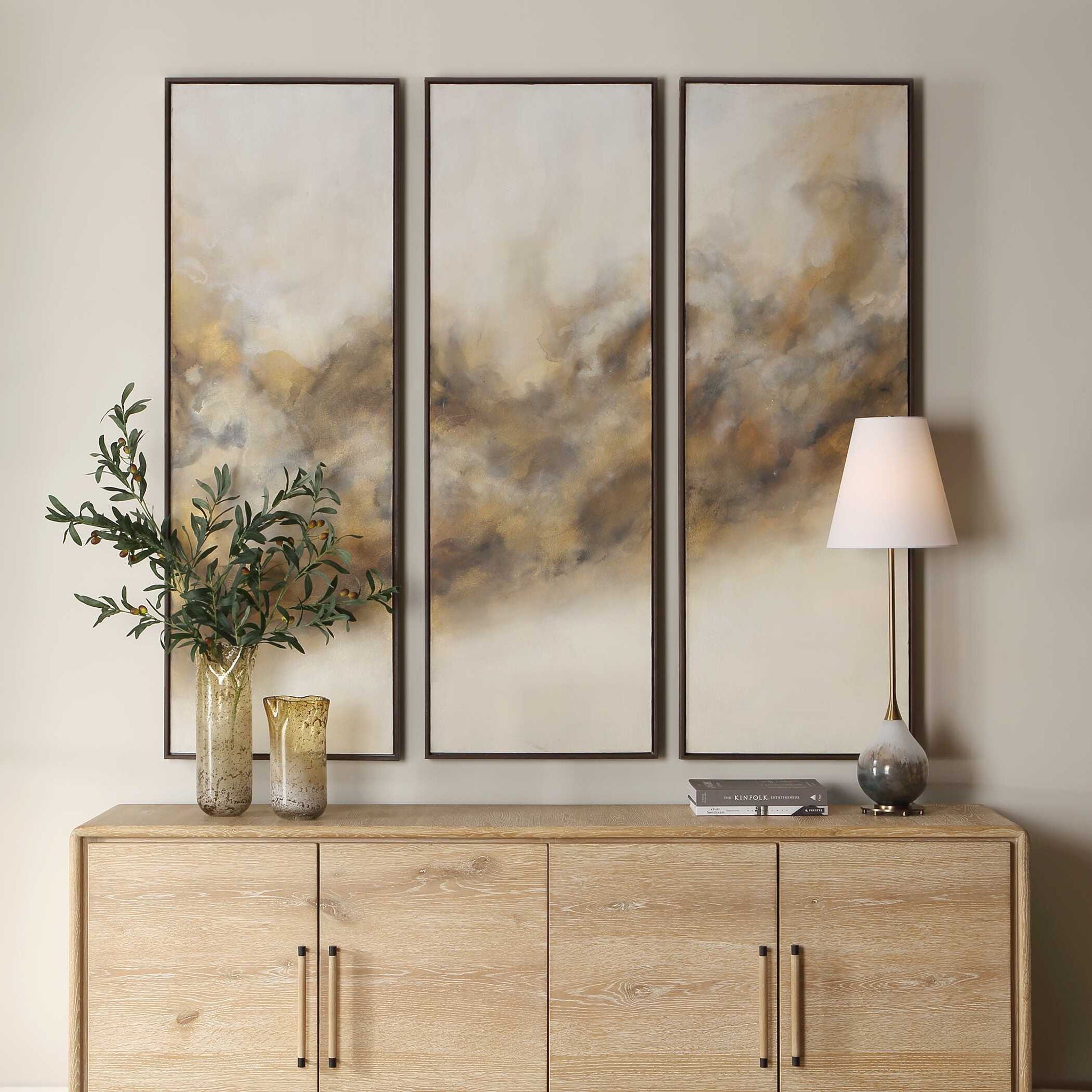 Smoke Break - Hand Painted Modern Art (Set of 3) - Black / Gray / Orange / Woodtone / Yellow