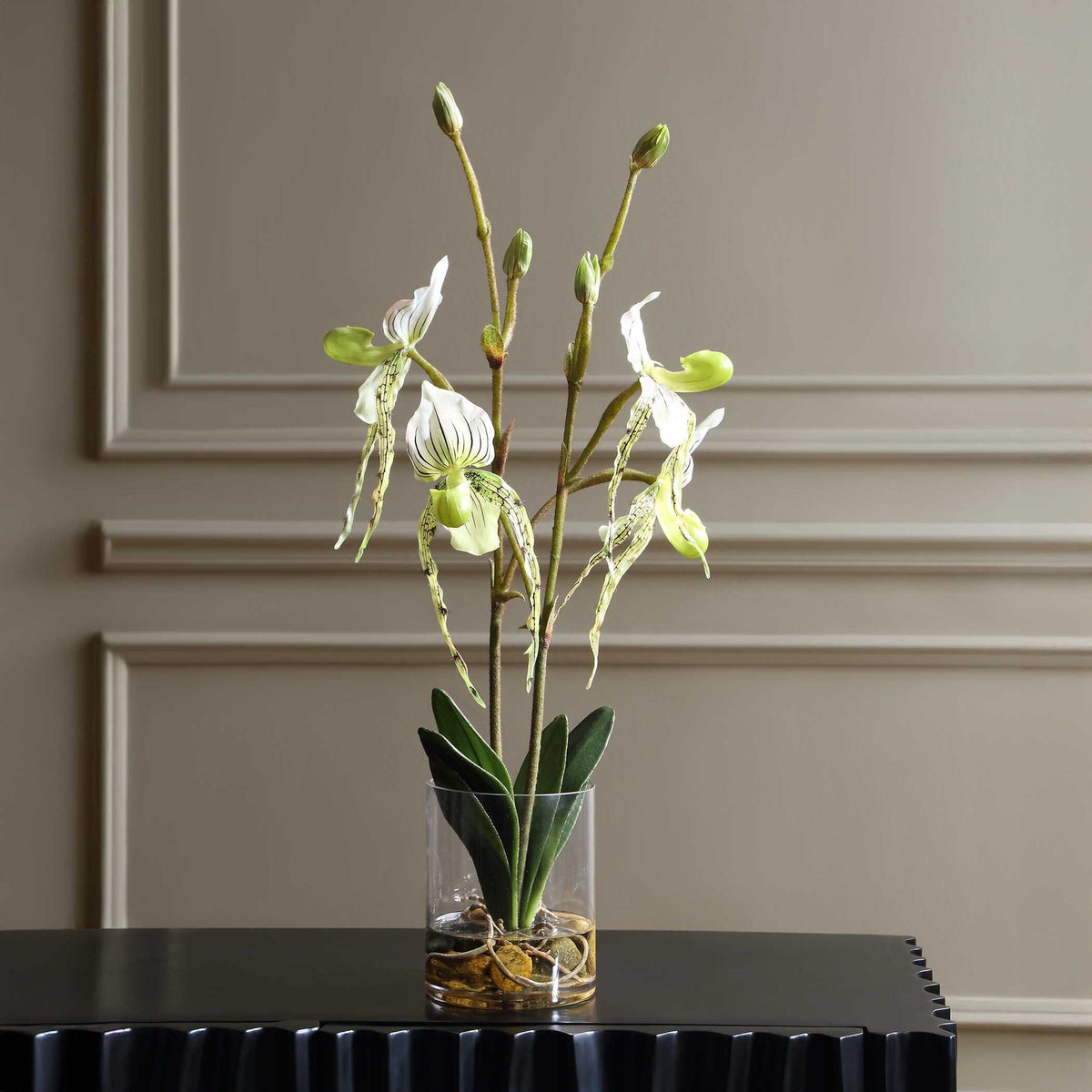 Lady - Slipper Orchid In Glass Vase - Green,White