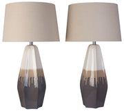 Ashen Cascade - 32 X 17 - Ceramic Table Lamp (Set of 2) - Ivory Mushroom Charcoal Drip Glaze
