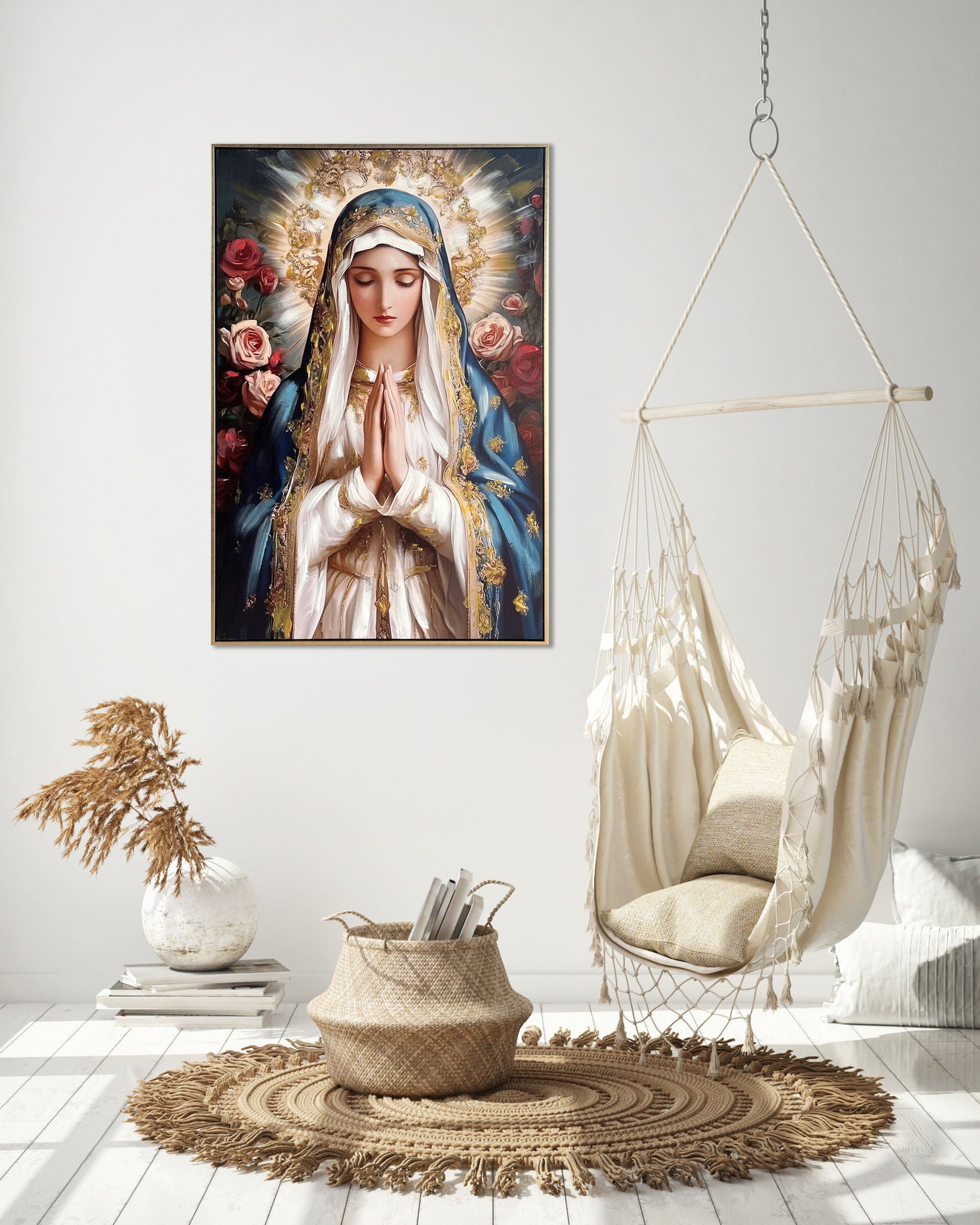 Sacred Bloom I Hand-Embellished Canvas In Frame - Blue / Ivory