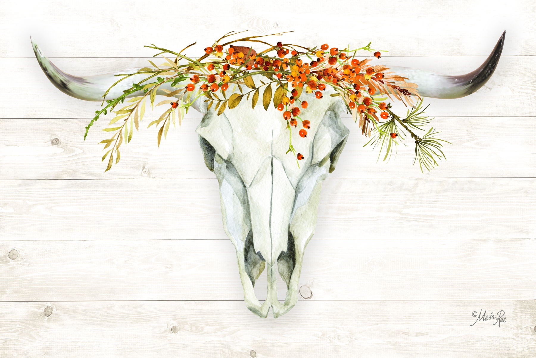 Framed - Fall Steer Skull By Marla Rae - Beige