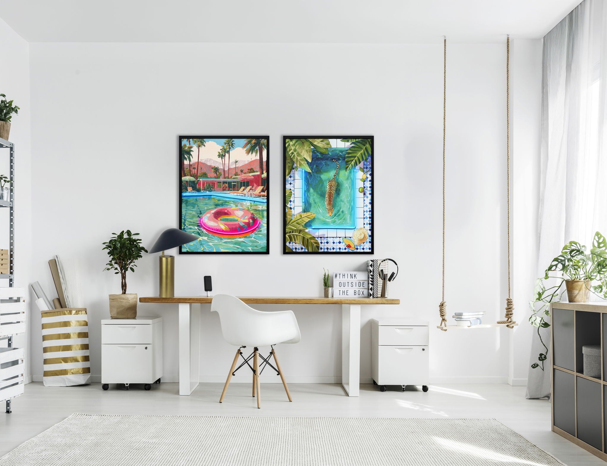 Poolside Escape Hand-Embellished LED Canvas In Frame - Green / Pink