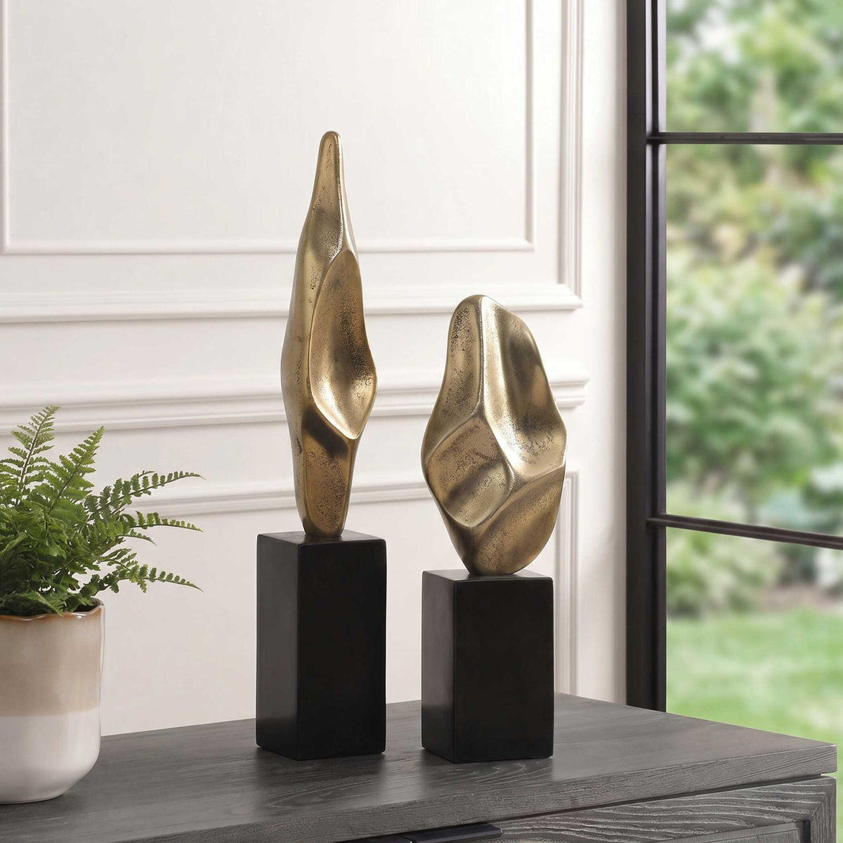 Fluid Geometry - Sculptures (Set of 2) - Black,Gold