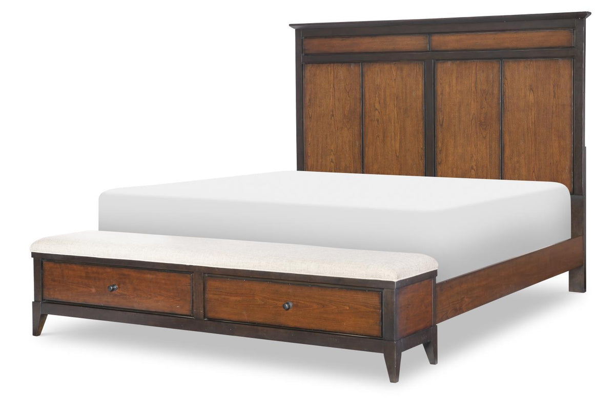 Fenmore - Complete Queen Panel Bed With Storage Bench - Mocha And Distressed Cherry