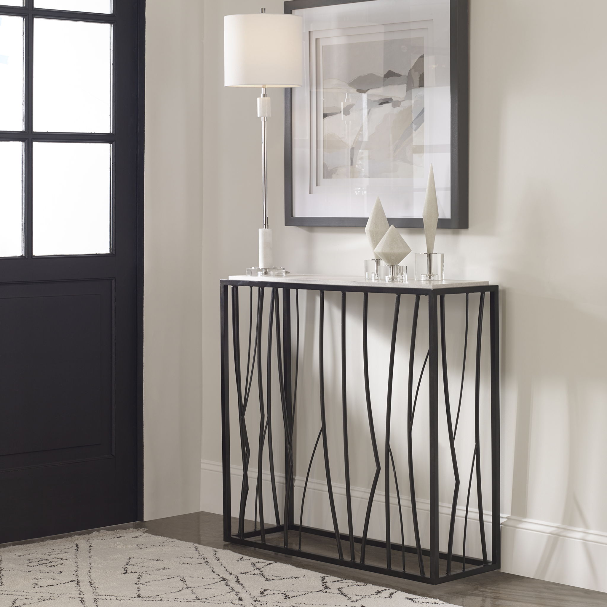 Reed - Travertine Console Table - Black & Light Brown
