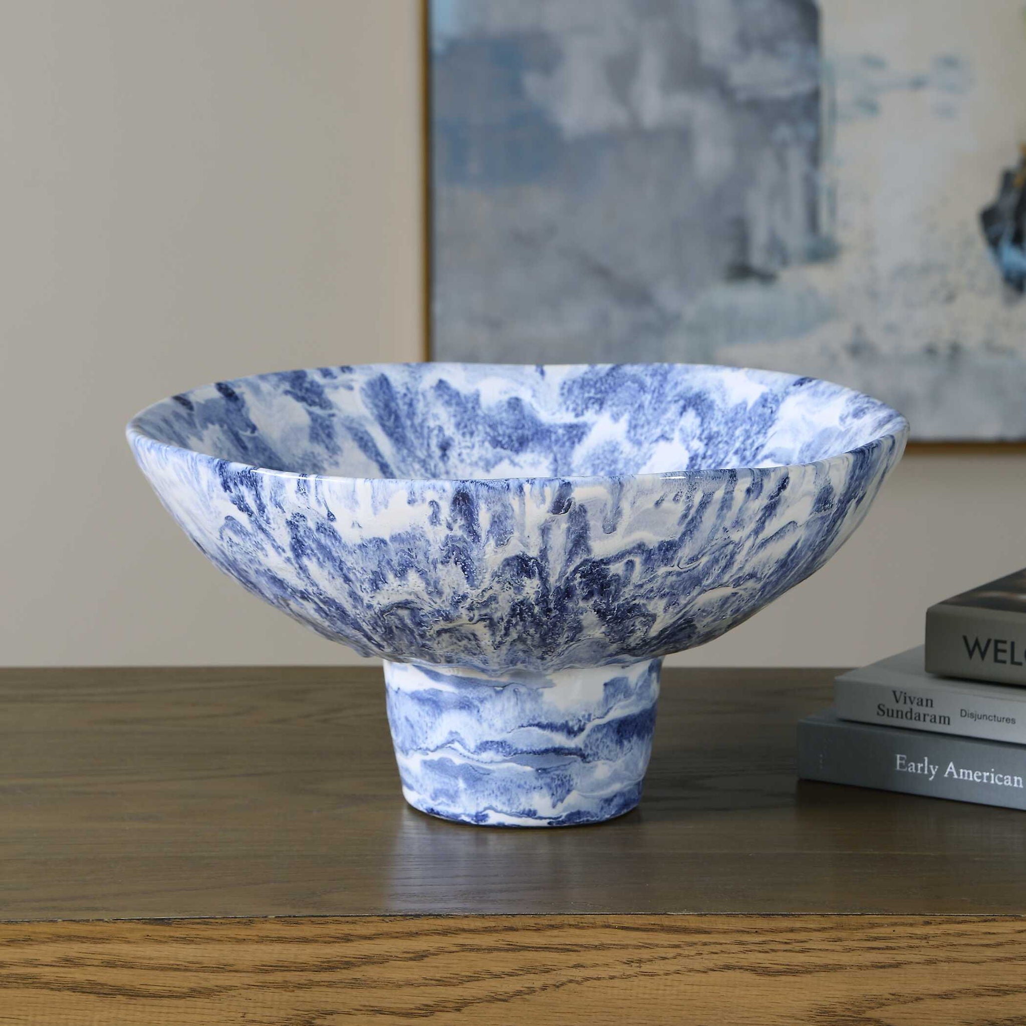 Indigo - Marble Pedestal Bowl - Blue,White