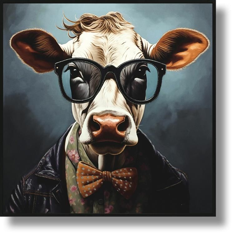 Hipster Bowtie Bovine - 25" x 25" Framed Wall Art - Dark Gray