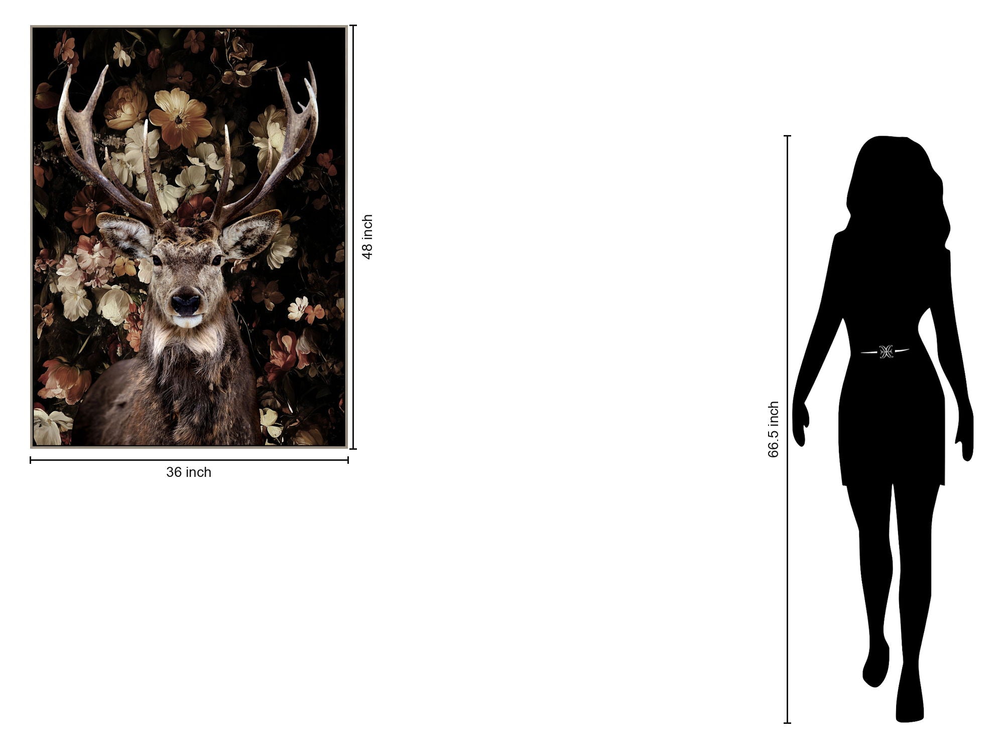 Majestic Stag Florals - 36" x 48" Framed Wall Art - Dark Brown
