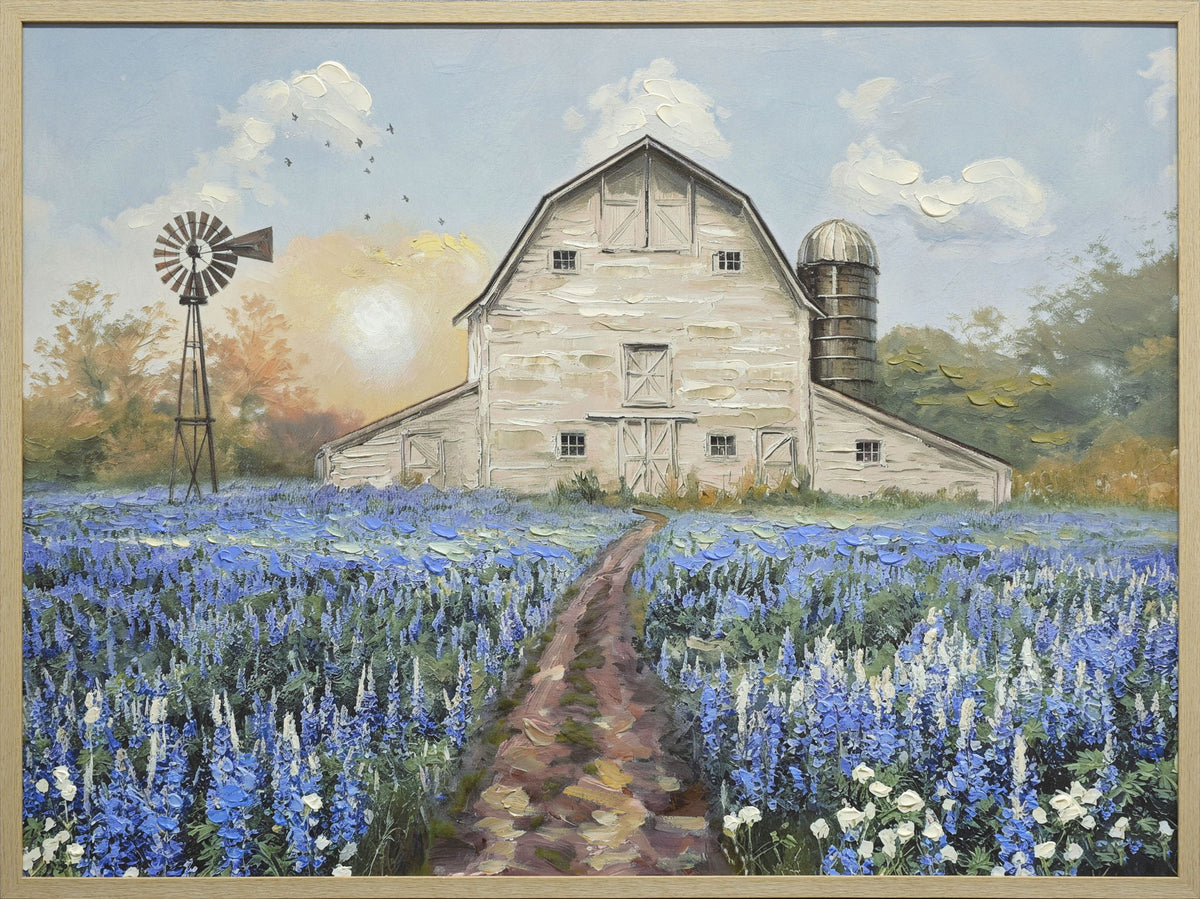 Bluebonnet Homestead - 40 X 30 - Hand-Embellished Canvas In Frame - Blue