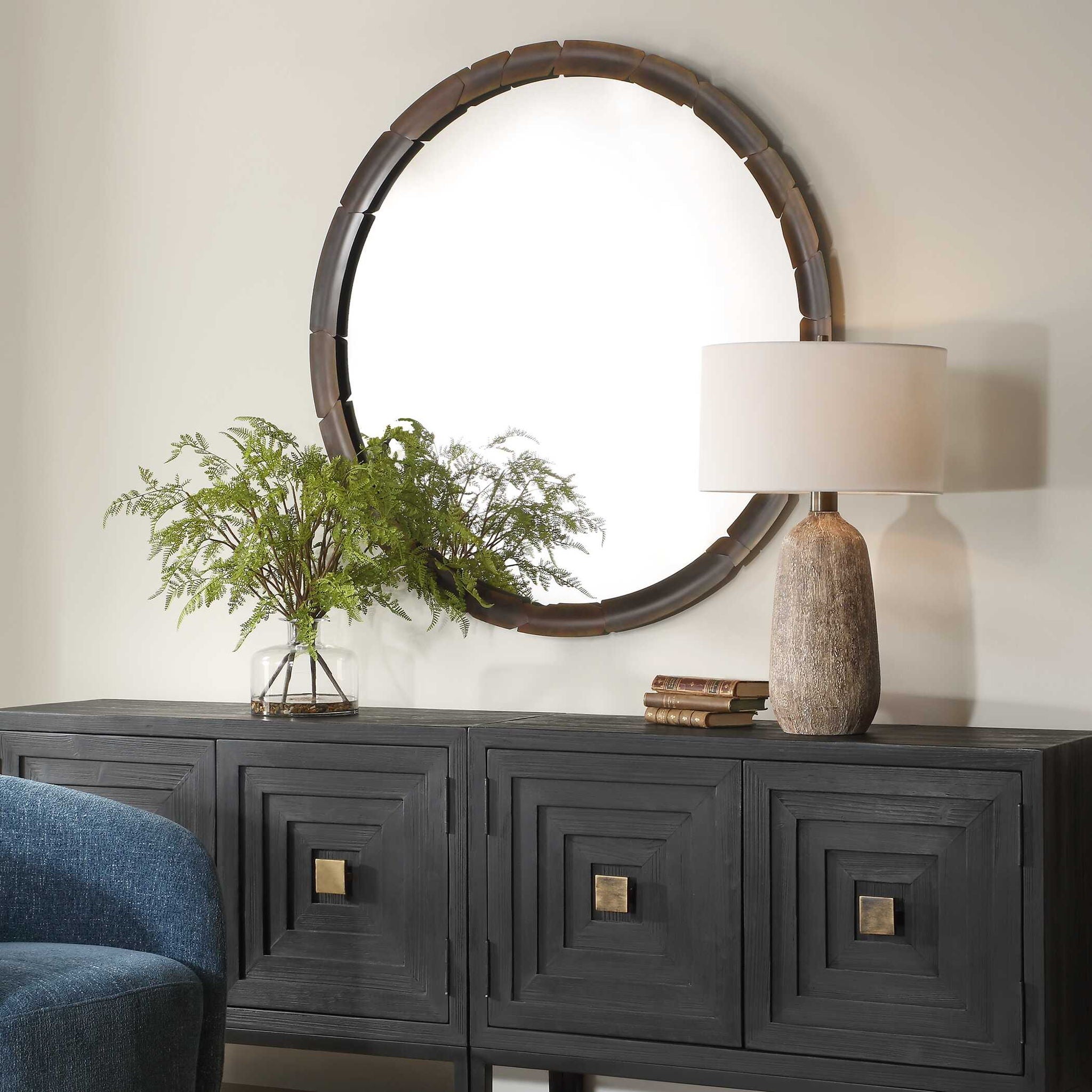 Auger - Amber Glass Round Mirror - Bronze
