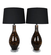 Speckled Glow Art Glass & Crystal Table Lamp (Set of 2) - Black Speckled Amber Art Glass / Clear Crystal