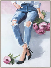 Denim And Peonies II - 36 X 48 - Hand-Embellished Canvas In Frame - Blue