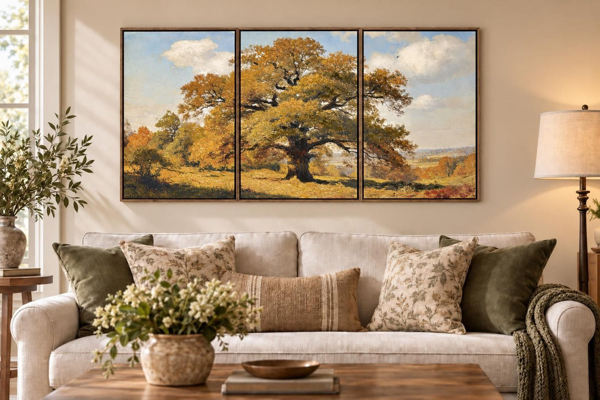 Beneath The Amber Boughs - 24 X 30 - Hand-Embellished Canvas Triptych In - Gold, Green, Pale Blue