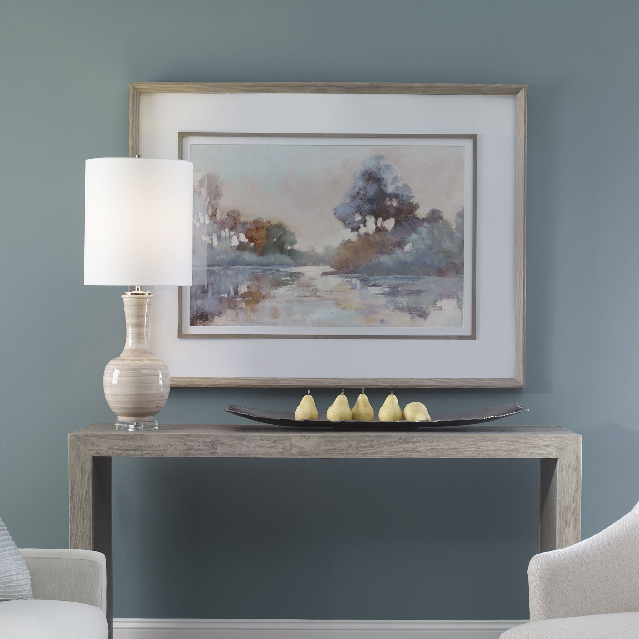 Morning Lake - Watercolor Framed Print - Blue