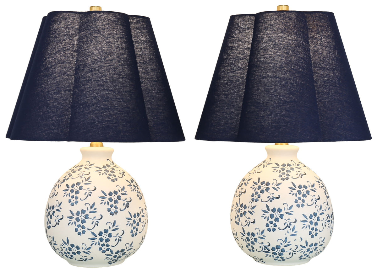 Indigo Petal - 22 X 15 - Ceramic Accent Lamp (Set of 2) - White, Blue Chinoiserie