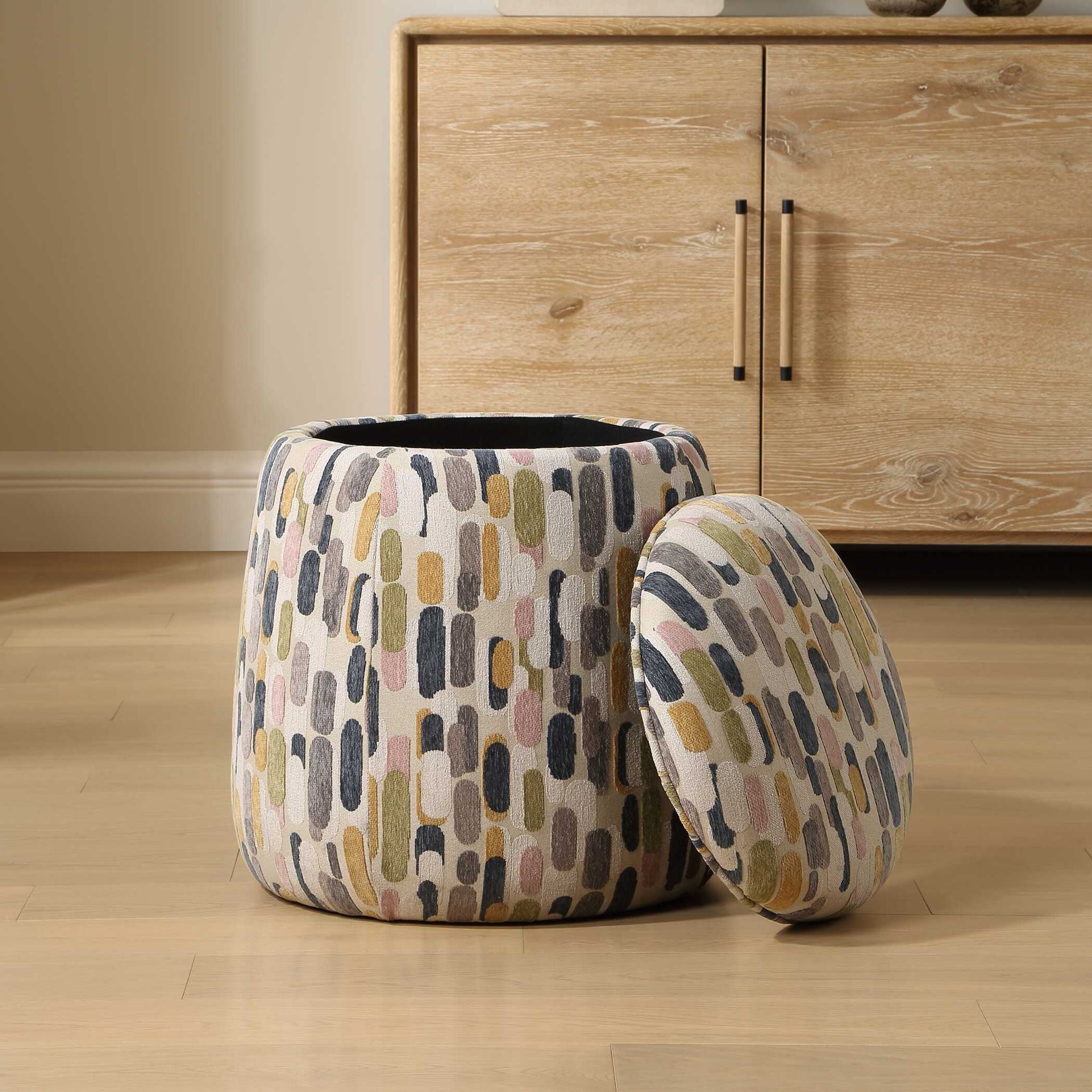 Arem - Upholstered Multi-Color Ottoman - Gray / Pink / White / Yellow